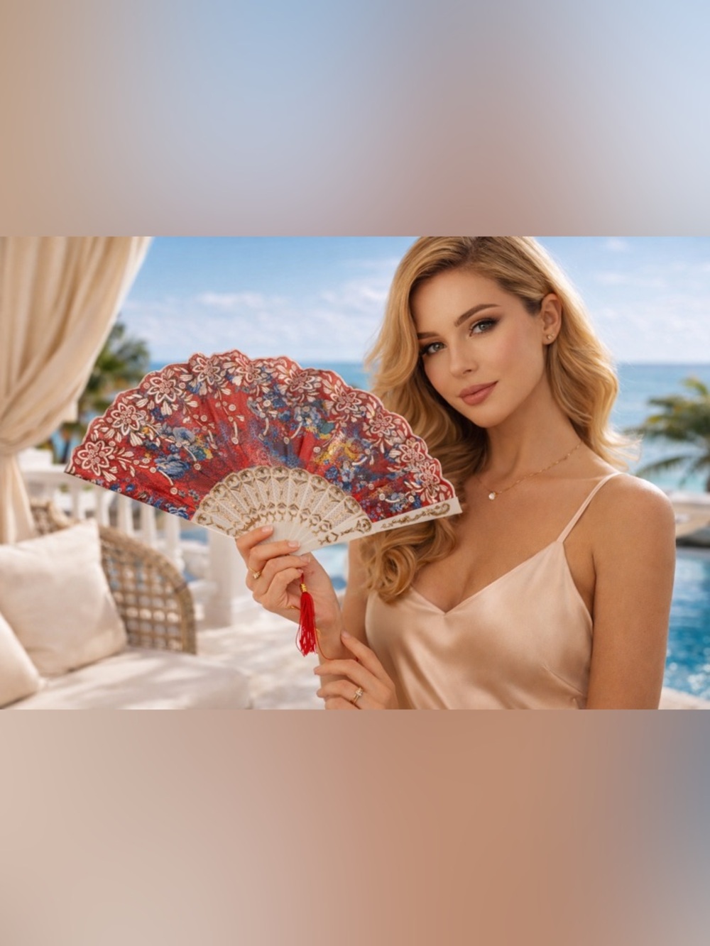 Red Floral Hand Fan with Gold Accents